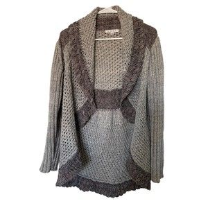 Cabi Boho Knit Open Front Gray Cardigan Sweater Ruffle Collar Womens Size S